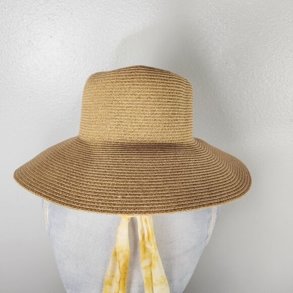 NWOT Nine West Tan Straw w/ Yellow Scarf Womens Panama Hat One Size - Picture 2 of 7